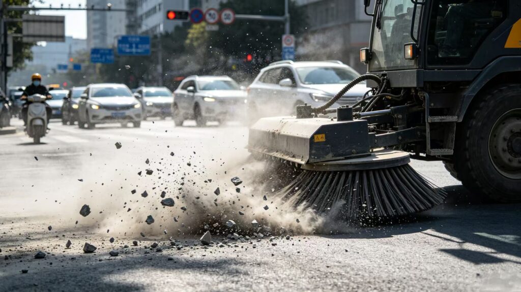 Road sweeper machine working
