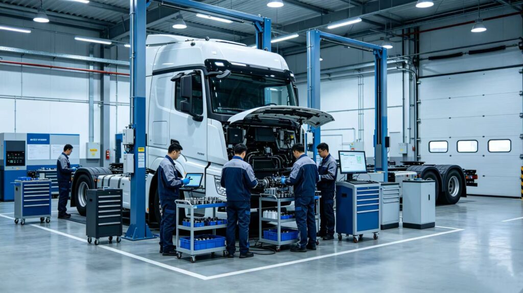Truck being repaired in workshop