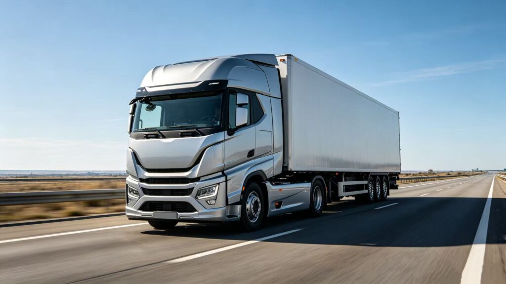 Silver truck on highway.