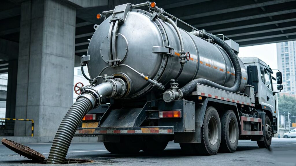 ：Vacuum sewage truck in action