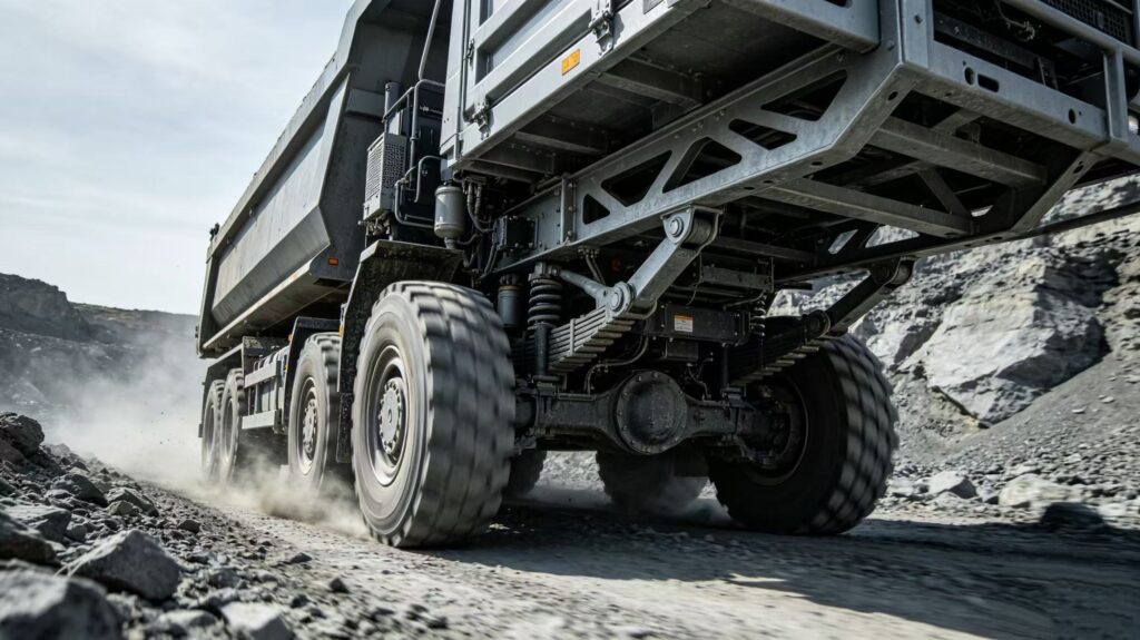 Mining dump truck on dirt road.